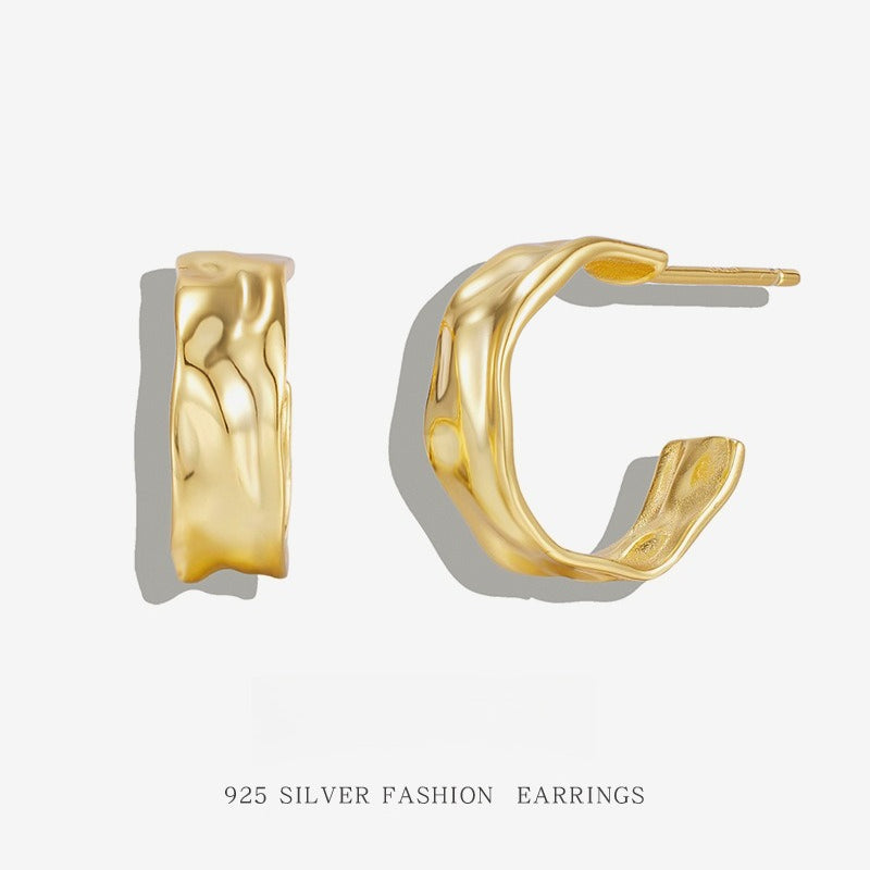 New 925 Sterling Silver Irregular Geometric Earrings - Women's Fashion Polished Foil Crinkle Studs
