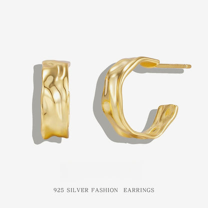 New 925 Sterling Silver Irregular Geometric Earrings - Women's Fashion Polished Foil Crinkle Studs