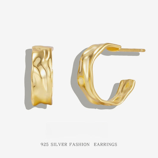 New 925 Sterling Silver Irregular Geometric Earrings - Women's Fashion Polished Foil Crinkle Studs