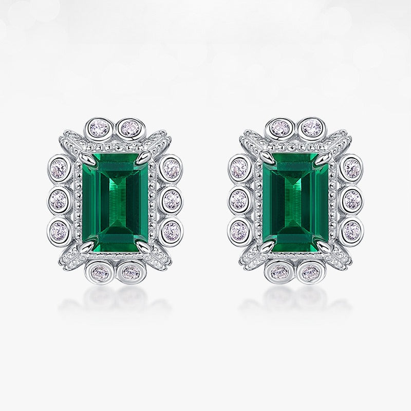 Geometric Lab-Grown Emerald Stud Earrings - S925 Sterling Silver Halo Design