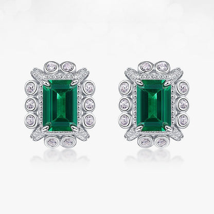 Geometric Lab-Grown Emerald Stud Earrings - S925 Sterling Silver Halo Design