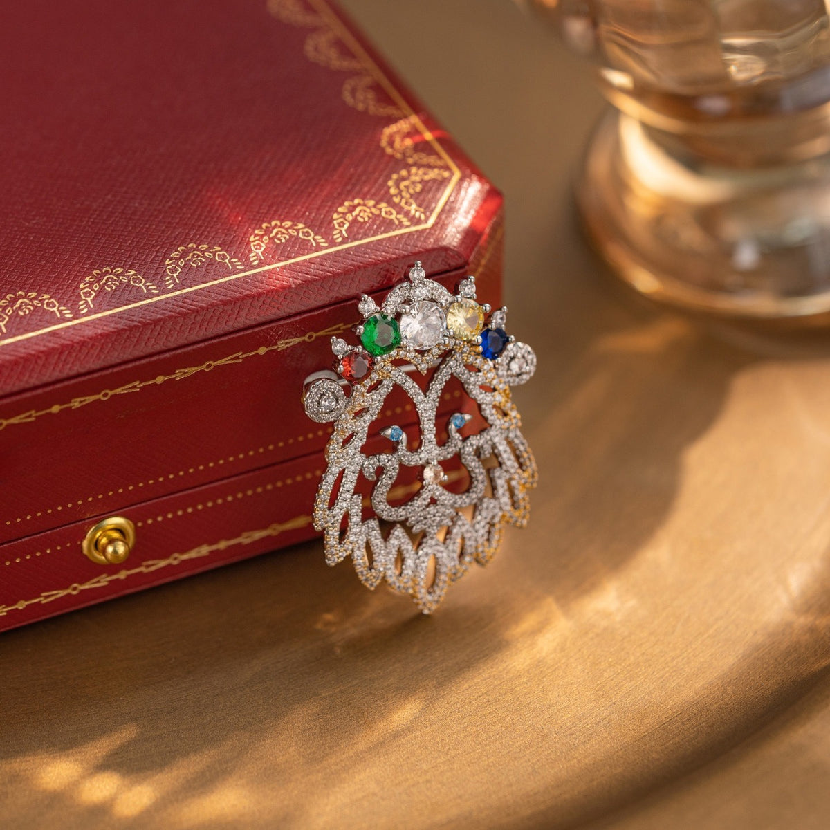 Two-tone Gold Colored Lion Head Diamond Brooch