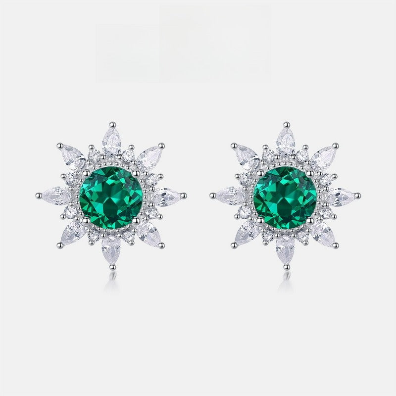 Lab-Grown Emerald Sunflower Stud Earrings - S925 Sterling Silver Halo Design