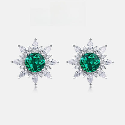 Lab-Grown Emerald Sunflower Stud Earrings - S925 Sterling Silver Halo Design