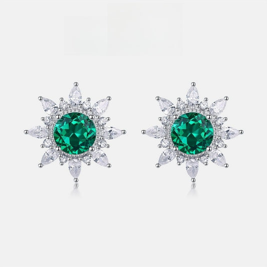 Lab-Grown Emerald Sunflower Stud Earrings - S925 Sterling Silver Halo Design