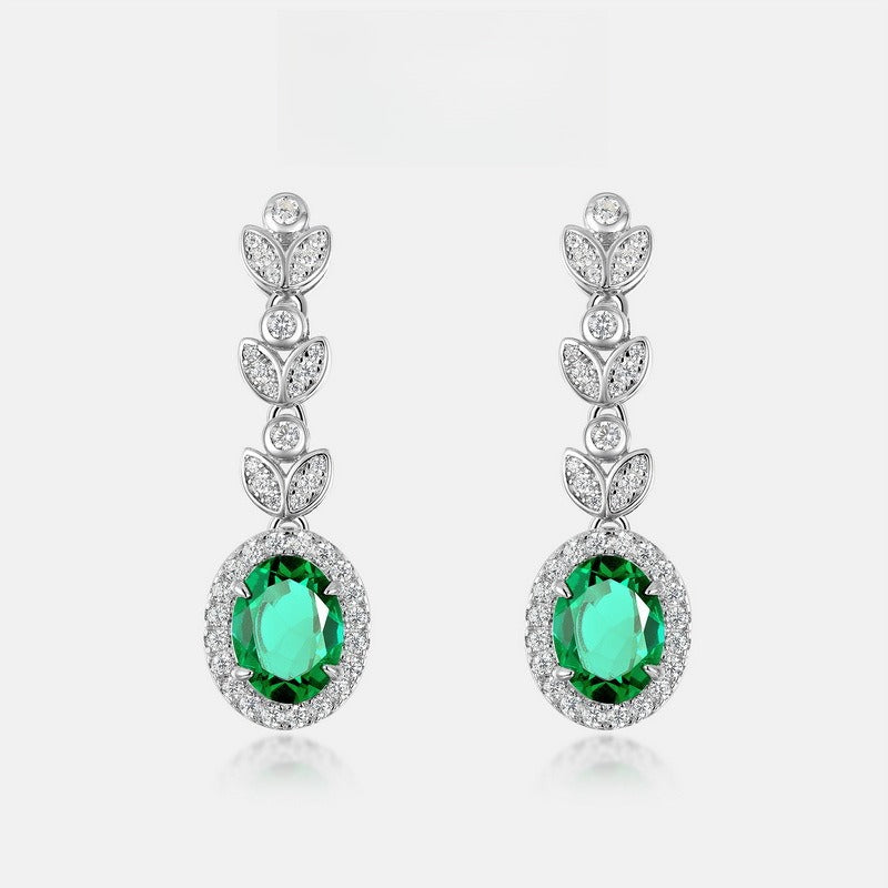 Lab-Grown Emerald Leaf Drop Earrings - S925 Sterling Silver Halo Dangles
