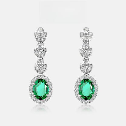 Lab-Grown Emerald Leaf Drop Earrings - S925 Sterling Silver Halo Dangles