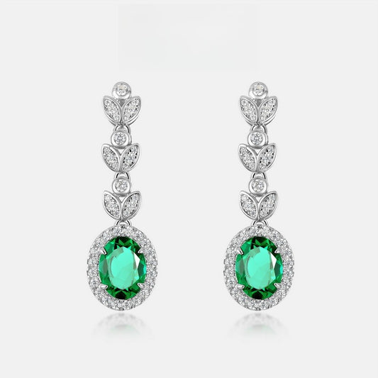 Lab-Grown Emerald Leaf Drop Earrings - S925 Sterling Silver Halo Dangles