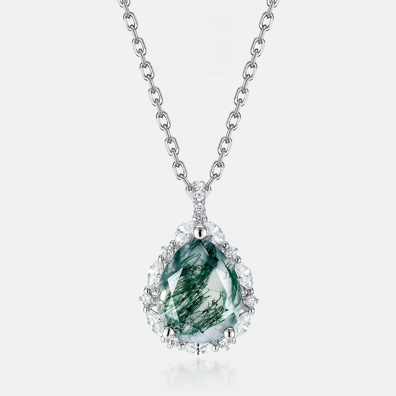 Pear-Cut Natural Moss Agate Halo Pendant Necklace - S925 Sterling Silver