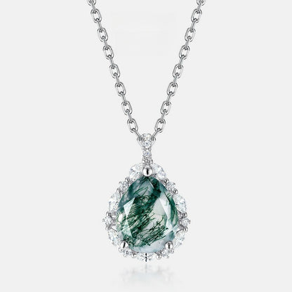 Pear-Cut Natural Moss Agate Halo Pendant Necklace - S925 Sterling Silver