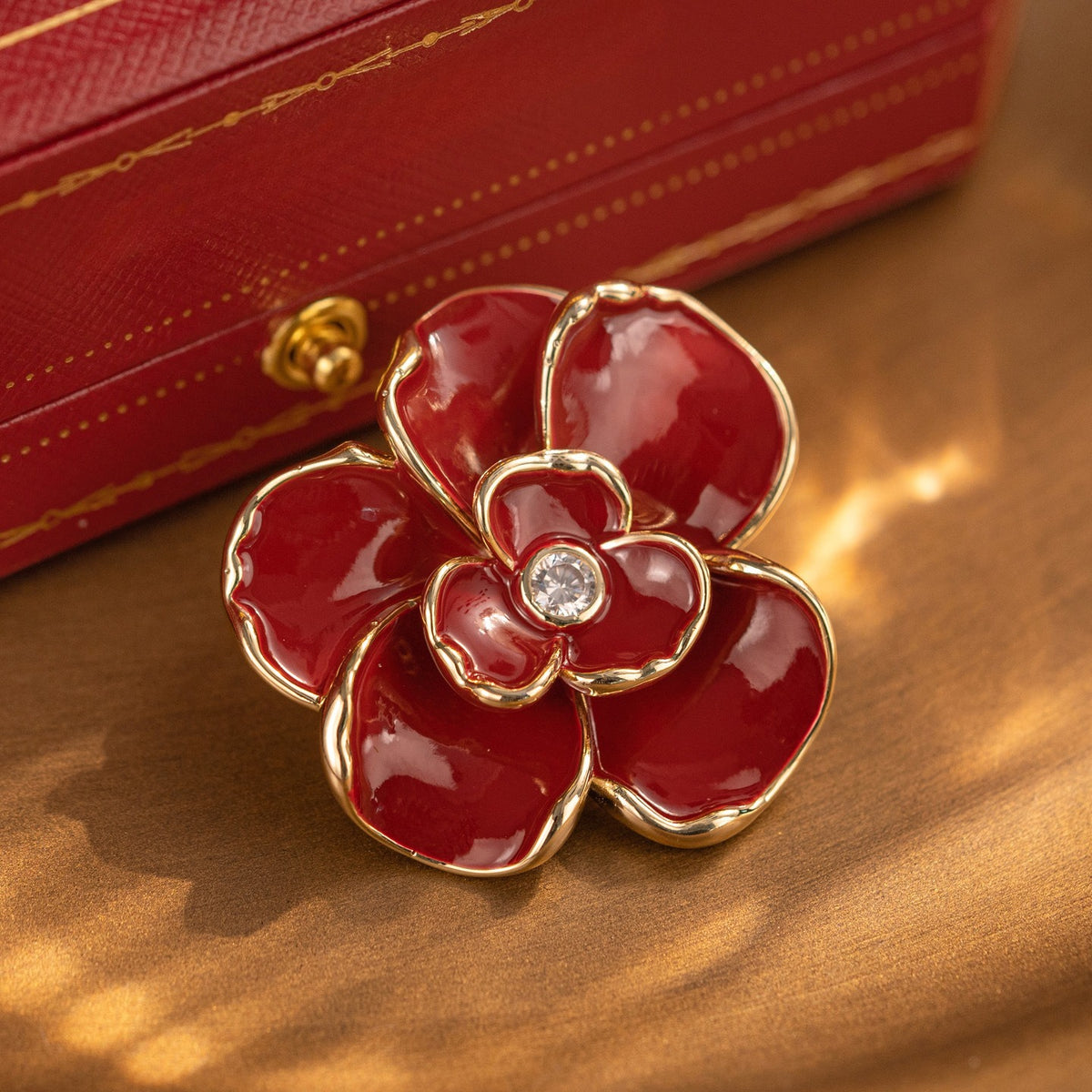 Stylish Red Peony Brooch with Diamonds