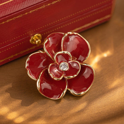 Stylish Red Peony Brooch with Diamonds