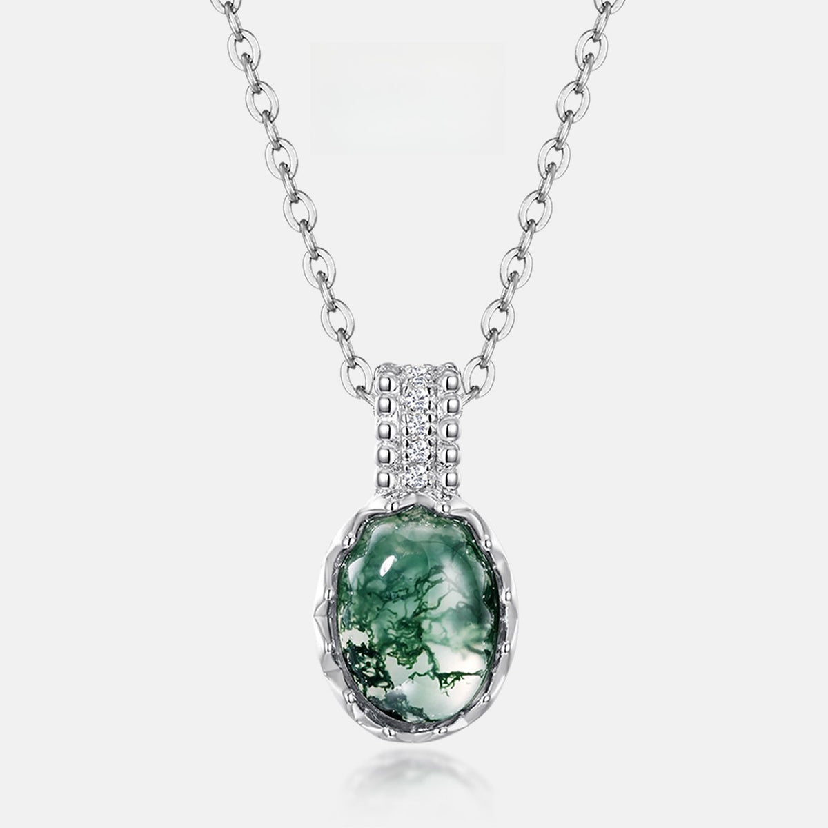Natural Oval Moss Agate Cabochon Necklace - S925 Sterling Silver