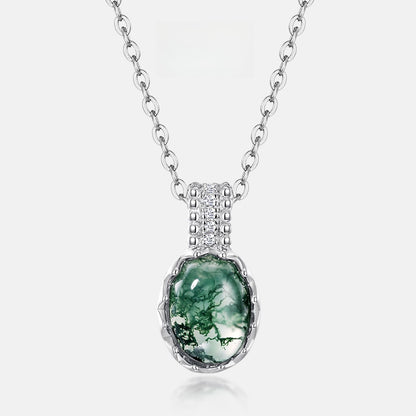 Natural Oval Moss Agate Cabochon Necklace - S925 Sterling Silver