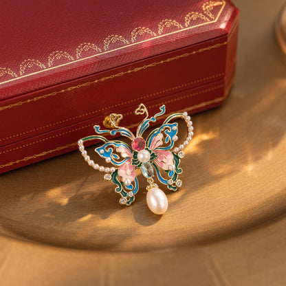 Wind Enamel Painted Butterfly Brooch Natural Pearl Insect Accessories Corsage