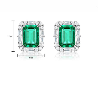 Lab-Grown Emerald Baguette Halo Stud Earrings - S925 Sterling Silver