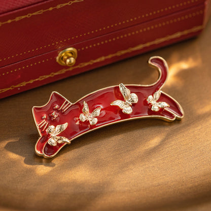 Enamel Red Cat Brooch with Butterfly | Cute Animal Lapel Pin Jewelry
