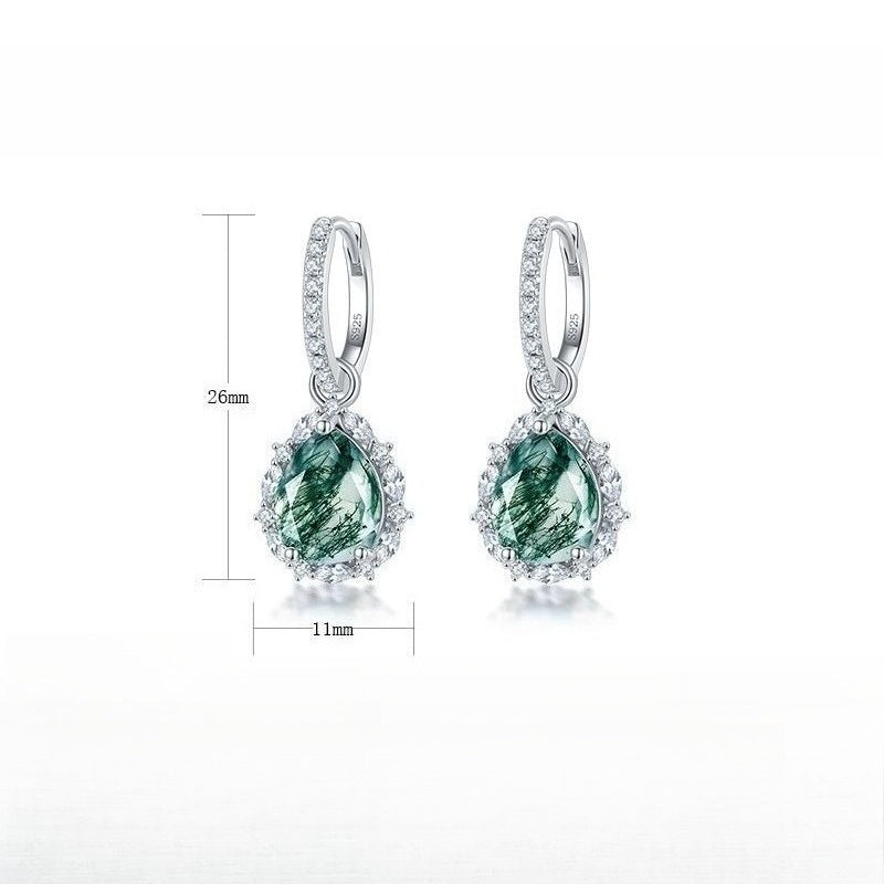 Pear-Cut Natural Moss Agate Halo Drop Earrings - S925 Sterling Silver