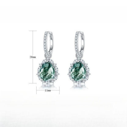 Pear-Cut Natural Moss Agate Halo Drop Earrings - S925 Sterling Silver