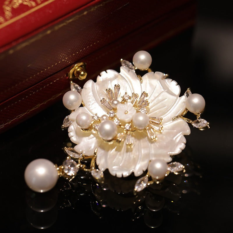 Mother Shell Brooch Pearl Camellia Zircon Corsage