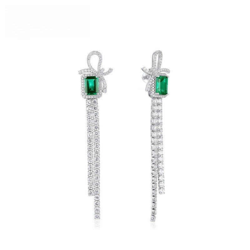 Sustainable 2.6CT Lab-Grown Emerald Bow Tassel Earrings | 71mm Drop Platinum Plated 925 Silver | Dapaza