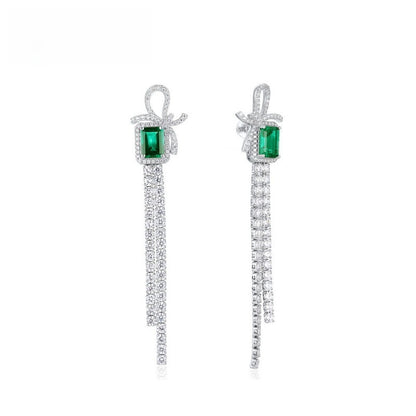 Sustainable 2.6CT Lab-Grown Emerald Bow Tassel Earrings | 71mm Drop Platinum Plated 925 Silver | Dapaza