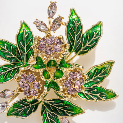 Enamel Gardenia Flower Brooch – Amethyst & Zircon Copper Floral Pin