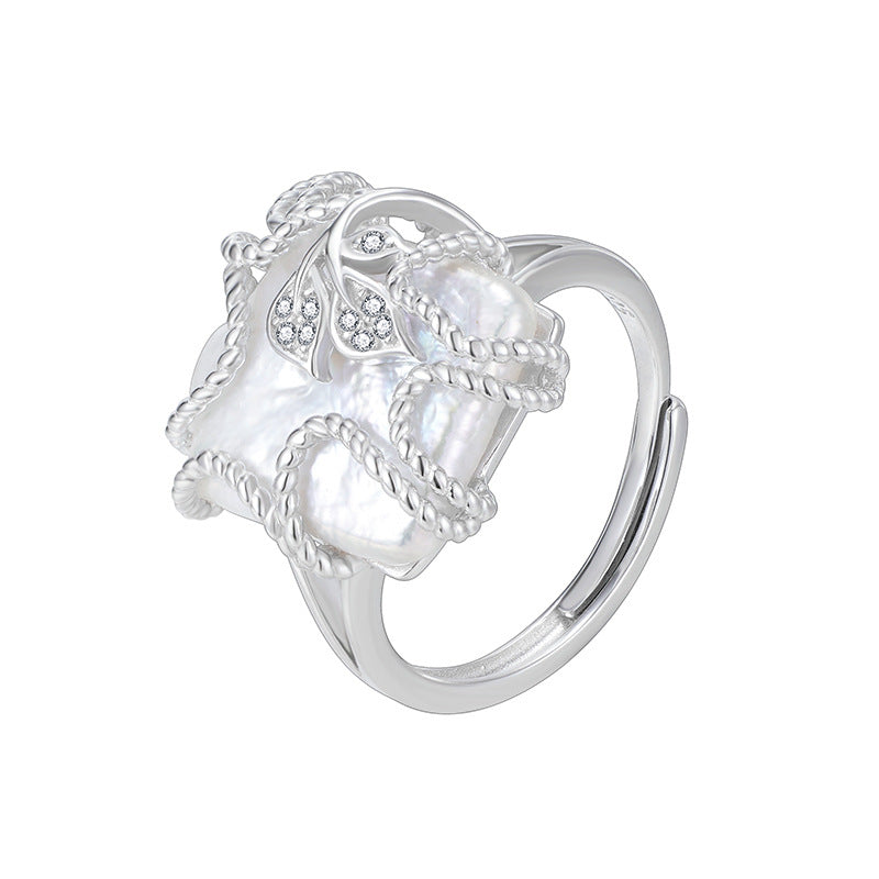 S925 Sterling Silver Baroque Pearl Ring – Geometric Square Open Adjustable Ring for Women