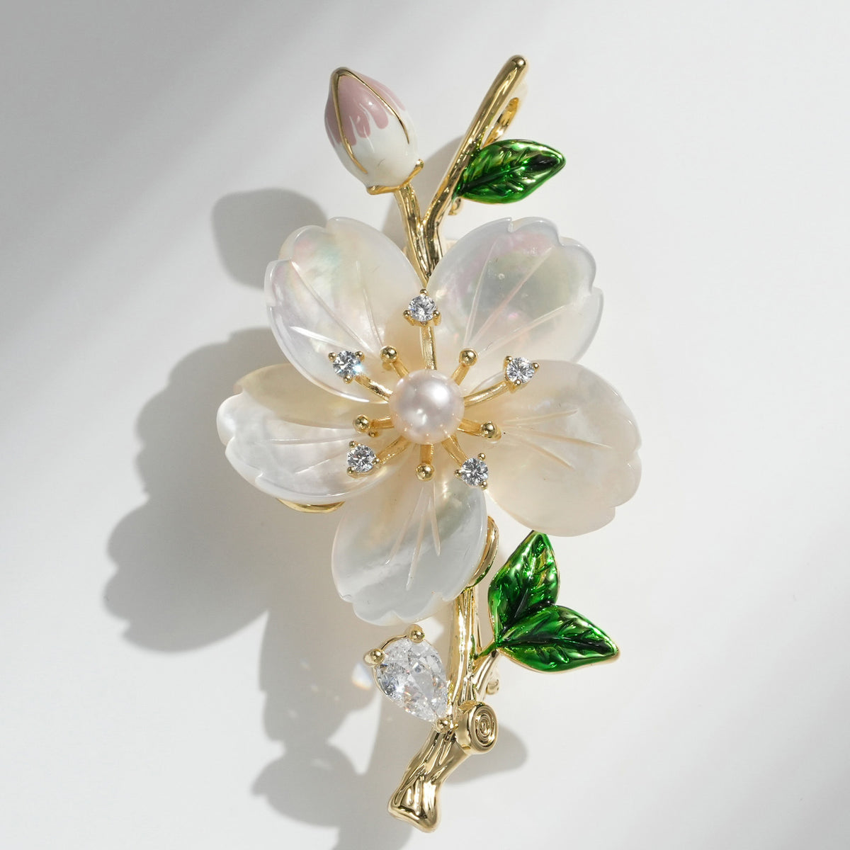 Natural Freshwater Pearl & Mother-of-Pearl Azalea Brooch – Enamel Floral Pin