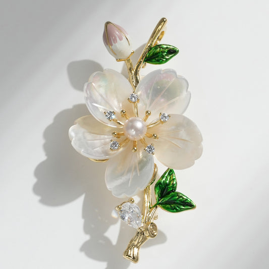 Natural Freshwater Pearl & Mother-of-Pearl Azalea Brooch – Enamel Floral Pin