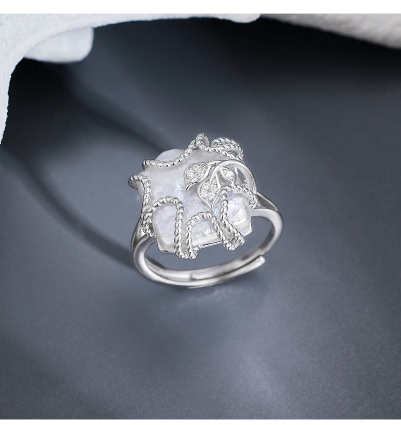 S925 Sterling Silver Baroque Pearl Ring – Geometric Square Open Adjustable Ring for Women