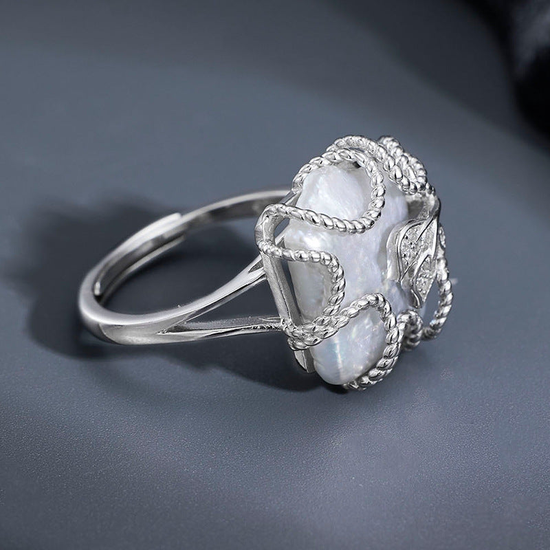 S925 Sterling Silver Baroque Pearl Ring – Geometric Square Open Adjustable Ring for Women