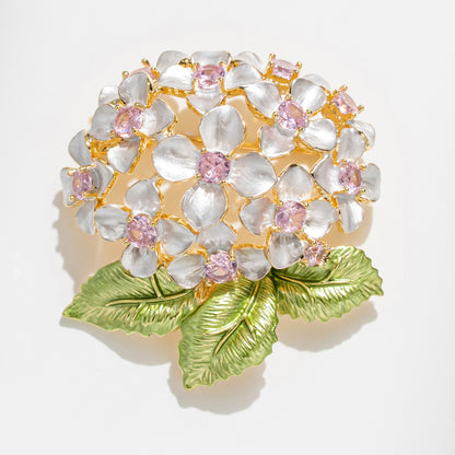 Vintage Enamel Hydrangea Brooch – Crystal & Zircon Copper Floral Pin